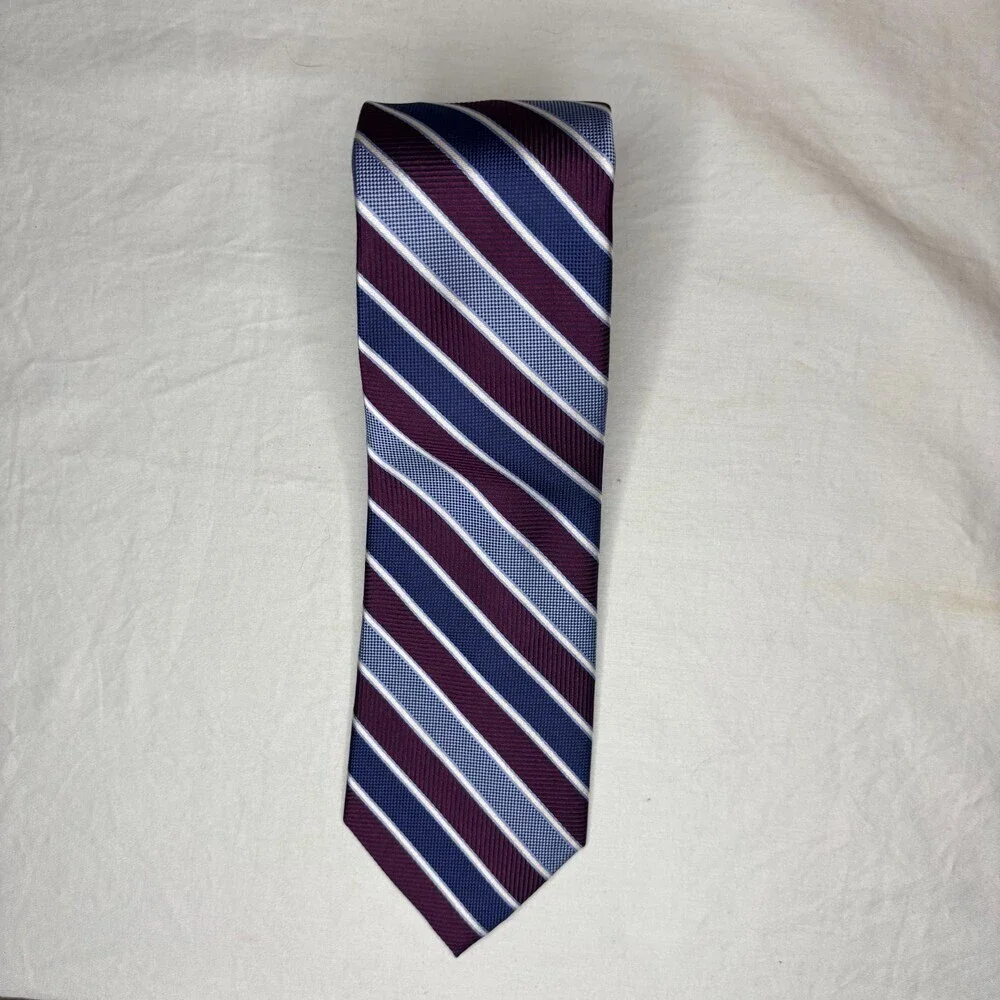 Jos A Bank Traveler NEW 100% Silk Handmade Blue Burgundy Stripe Tie Stain Resist